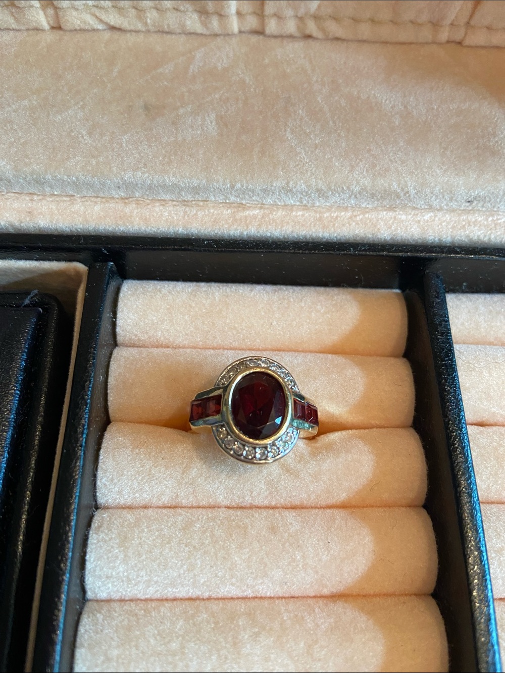 1,000th Listing! Estate 14K Gold Oval Garnet Statement Ring/ Pave Diamond Halo.